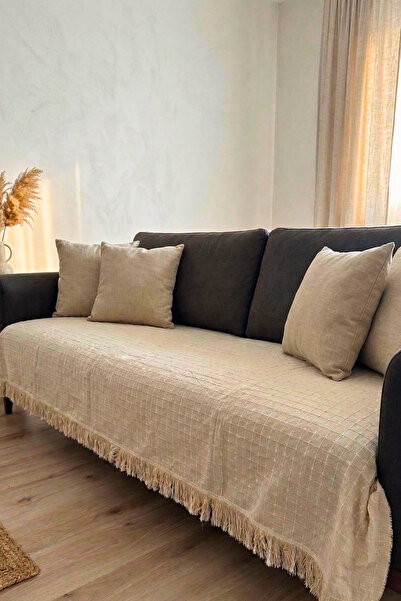 OTEXSA Βαμβακερό κάλυμμα καναπέ Bohemian με τετράγωνο σχέδιο και φούντες, πλε...