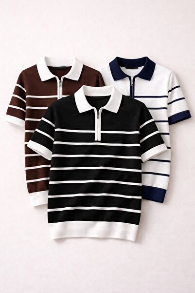 OTAKU Ανδρικό πλεκτό μπλουζάκι Premium με ριγέ λαιμόκοψη πόλο και φερμουάρ, μ...