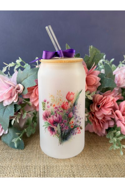 Hepsi Enteresan Bamboo Lid Ice-Cold Glass Cup with Straw, Dear Mom, Mother's Day, Gift for Mom