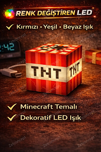 ZETCONCEPT Minecraft Pixel Lamp – USB Şarjlı LED Gece Lambası (Creeper / Reds...