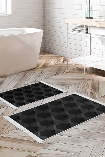 Empressco Luna Cotton Fringed Geometric Non-Slip Base Toilet Seat Set Black