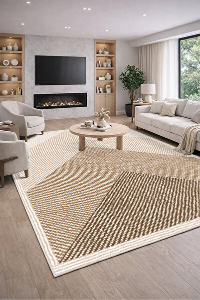 Lioara Home Geometrik Desenli Halı Dijital Baskılı Halı – Modern, Kaymaz Taba...