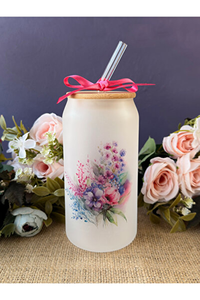 Hepsi Enteresan Floral Bamboo Lid Frosted Glass Straw Cup, Cold Coffee, Juice...
