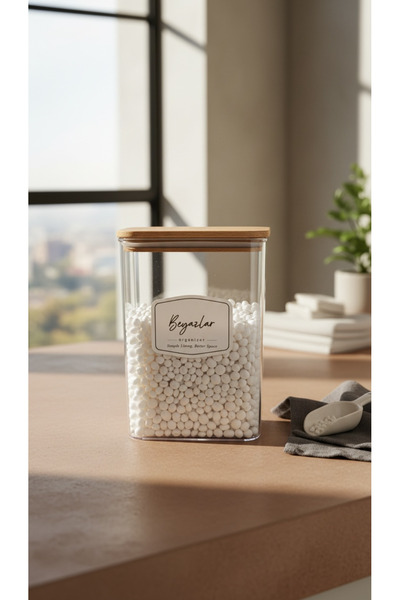 DükkanDa White Jar Organizer with Wooden Lid 2000 ml