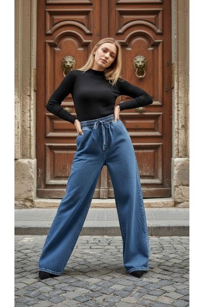 geenz manifacture Γυναικείο παντελόνι τζιν παλάτσο με κορδόνια, ελαστική μέση...