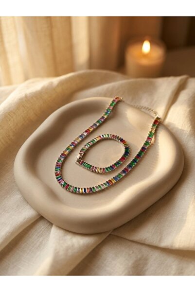 SR Jewelry Box Renkli Baget Taşlı Kolye & Bileklik Seti – Gümüş Tonlu Rainbow...