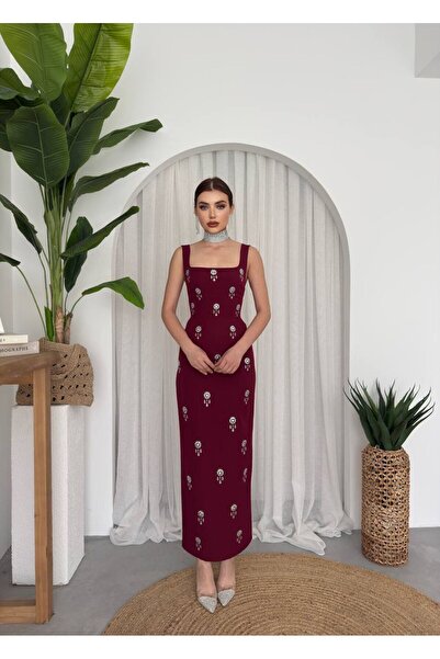 maf collection Women's Burgundy Atlas Fabric Stone Detailed Thick Strap Eveni...