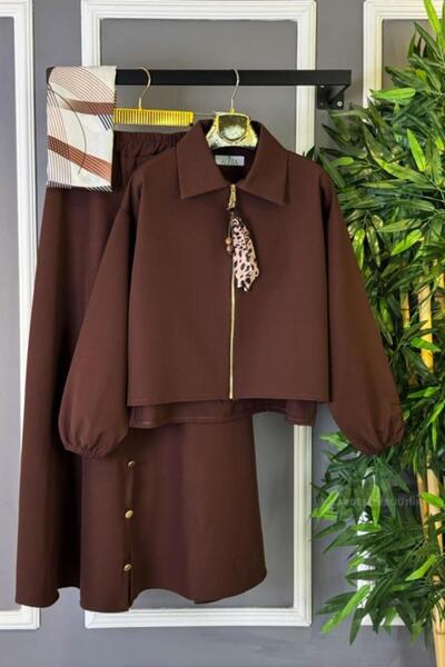 MyZesa Zippered Leopard Detailed Skirt Blouse Bottom Top Set