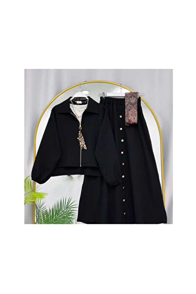 MyZesa Zippered Leopard Detailed Skirt Blouse Bottom Top Set