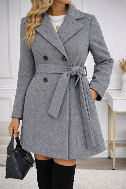 MUZOTEX Long Sleeve Belted Pocketed Double-Breasted Cashmere Coat