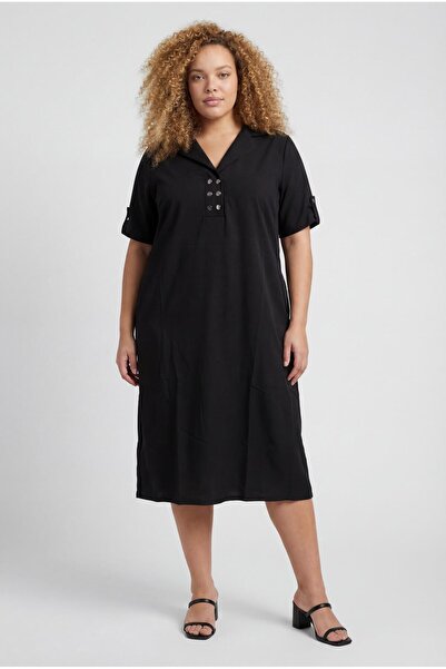 Ebsumu Women's Plus Size Collar Detail Sho Fabric Black Dress