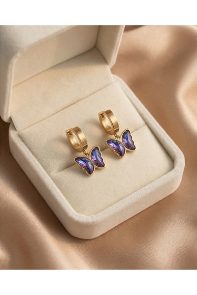 HOSBUTIK Gold steel colored stone butterfly earrings