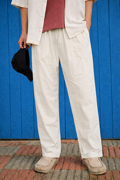 DAMGA JEANS Men's Trend Premium Loose White Linen Trousers