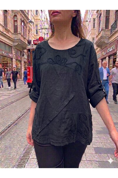 AYASOFYA OTANTIK Women's Italian Black Floral Embroidered Oversized Loose 100...