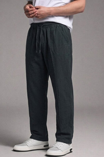 DAMGA JEANS Ανδρικό λινό παντελόνι με ελαστική μέση και φαρδιά μπατζάκια σε μ...