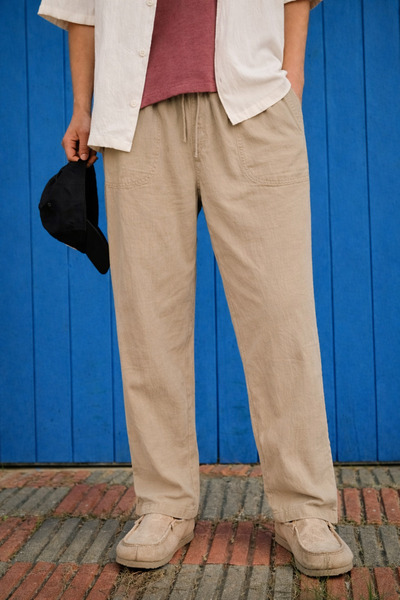 DAMGA JEANS Men's Trend Premium Loose Beige Linen Trousers