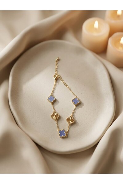 SR Jewelry Box Yonca Motifli Mavi Taşlı Bileklik – Altın Ton Zarif Şık Bileklik