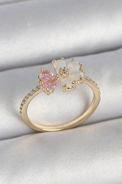 Marsilyan Nvdn- İetaks ™   Brass Gold Color White Enamel Pink Zircon Stone Fl...