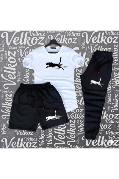 Velkoz Jaguar Tracksuit Shorts T-Shirt 3-Piece Set (White T-Shirt, Black Shor...