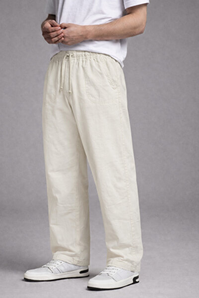 DAMGA JEANS Men's White Linen Trousers with Elastic Waist and Wide Legs