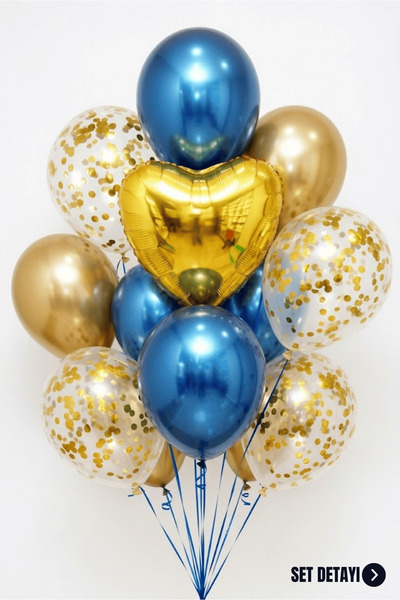 Bunloon Gold Mavi Şeffaf Balon Seti 13 Parça Kalp Folyo Konfetili