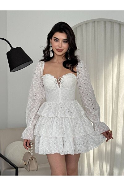 maf collection Women's White Lace Front Lace-Up Layered Mini Evening Dress Gr...