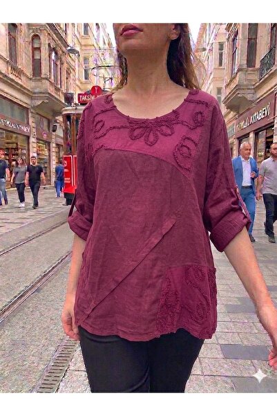 AYASOFYA OTANTIK Women's Italian Burgundy Floral Embroidered Oversized Loose ...