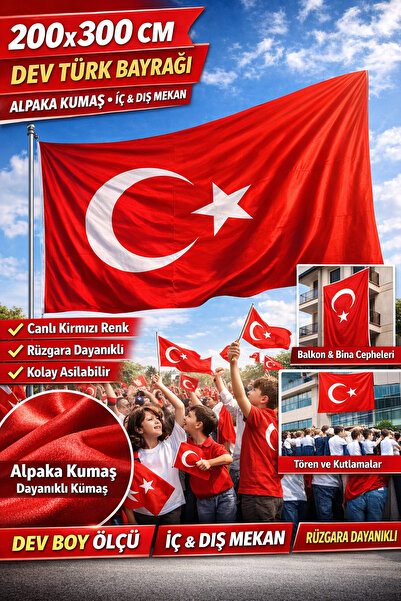 HER ŞEY NOTA www.herseynota.com 200x300 cm Büyük Boy Alpaka Türk Bayrağı – Da...