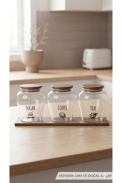 Dia Akasya Kapaklı Cam Baharatlık Seti,Vakumlu Kapaklı,Ahşap Standlı Set