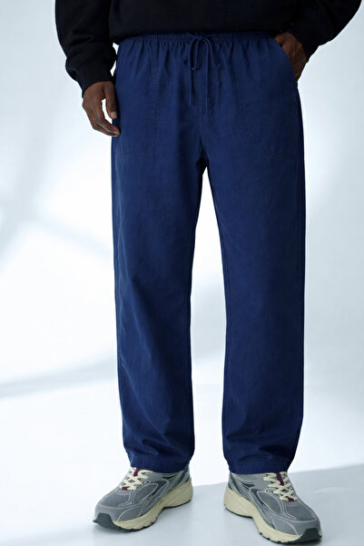 DAMGA JEANS Men's Casual Summer Trend Loose Navy Blue Linen Trousers