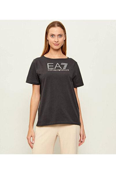 EA7 Women's Chest Stone Detailed Logo Patterned Cotton Round Neck Short Sleev...