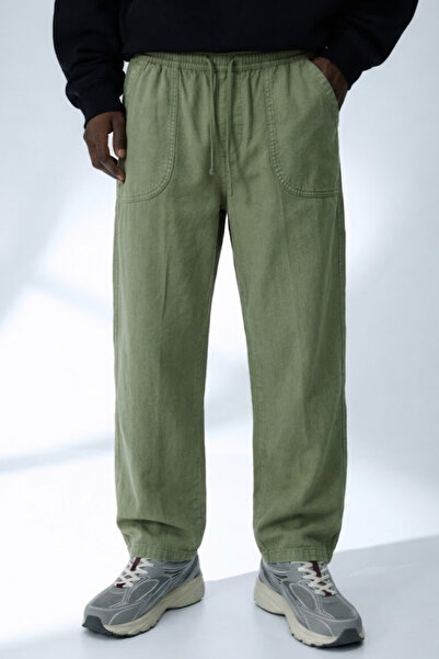 DAMGA JEANS Men's Casual Summer Trend Loose Green Linen Trousers