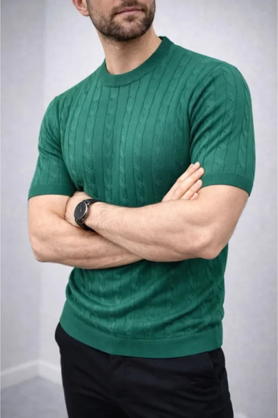 JANES Men's Summer Knitwear Woven T-Shirt Short Sleeve Crew Neck Knitted Patt...