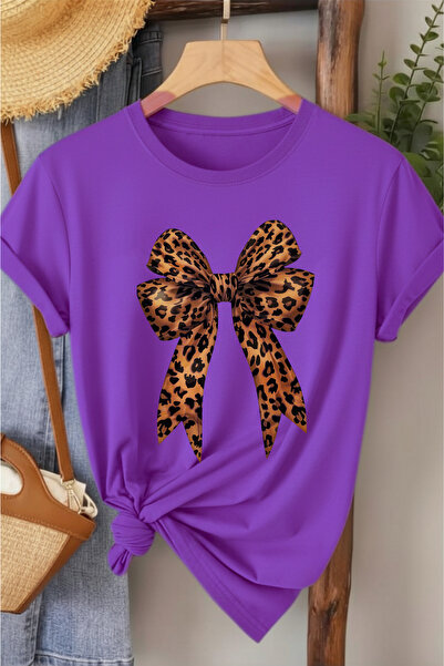 l'eivor Leopard Patterned Ribbon Printed Women's Cotton T-Shirt