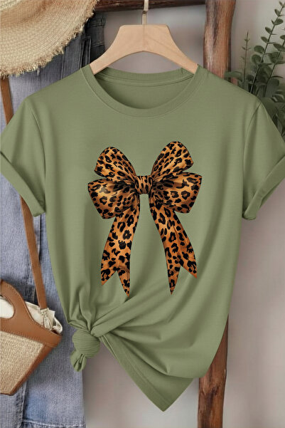 l'eivor Leopard Patterned Ribbon Printed Women's Cotton T-Shirt