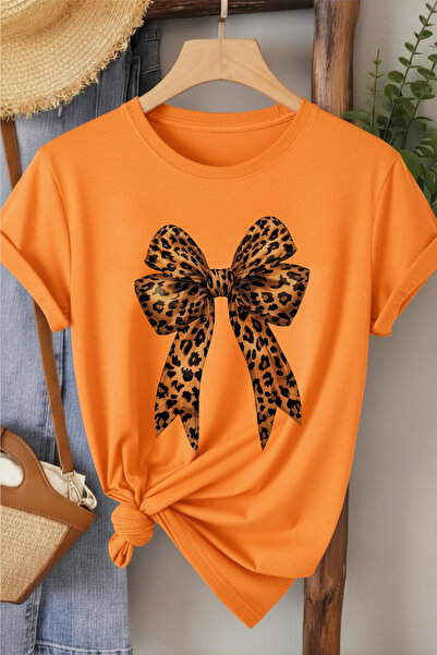 l'eivor Leopard Patterned Ribbon Printed Women's Cotton T-Shirt
