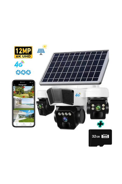 SuperMagic Cameră de supraveghere video triplă cu panou solar - 6K, 12 MP, Co...