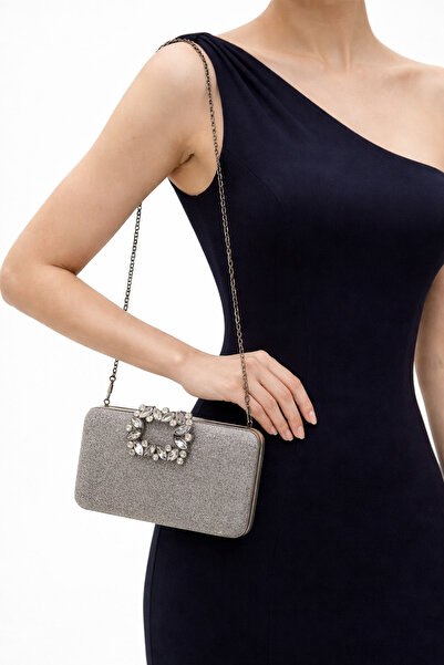 Akmanlar Ayakkabı Silver Evening Dress Bag with Stone Detail, Stylish Evening...