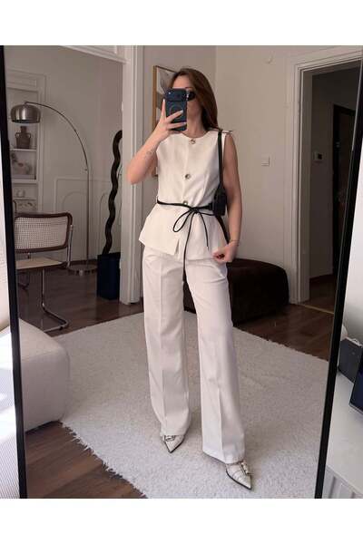 FERZOLAİO طقم سترة وبنطلون أبيض بدون جيوب مع حزام بمشبك