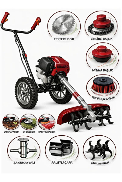 Dragro Benzinli Mini Çapalama Makinesi ve Ot Biçme Tırpan Seti Çift Çapalı Fu...