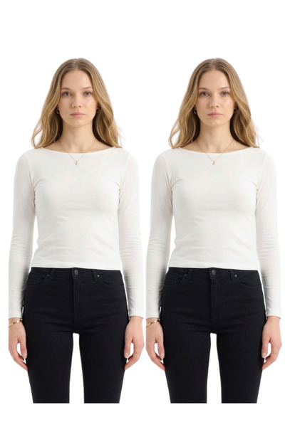 OLİZZA Γυναικεία λευκή μπλούζα με λαιμόκοψη 2 τεμαχίων, μακρυμάνικη, που αγκα...