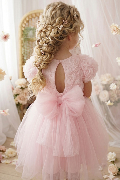 ALYRA Kız Çocuk 3D Güllü Prenses Elbise Tüllü Katlı Sırt Dekolteli Özel Gün D...