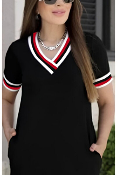 Esinty Γυναικείο φόρεμα με λαιμόκοψη V, λεπτομέρεια με ραβδώσεις, κοντό μανίκ...