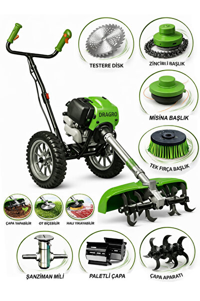 Dragro Benzinli Mini Çapalama Makinesi ve Ot Biçme Tırpan Seti Çift Çapalı Fu...