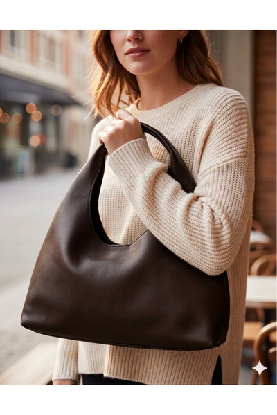 Madame Καφέ Δερμάτινη Γυναικεία Τσάντα Ώμου Shopper – Μαλακό Vintage Μοντέλο