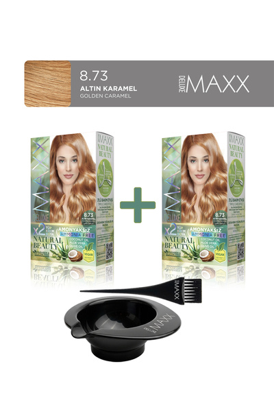 MAXX DELUXE 2'li Natural Beauty Amonyaksız Saç Boyası 8.73 Altın Karamel, Boy...