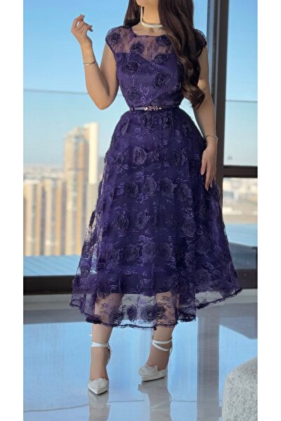 Opera Fashion فستان سهرة ميدي دانتيل على ورود شيفون راقي