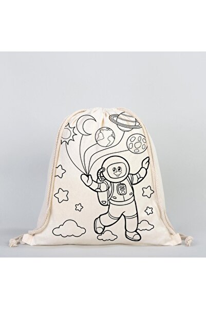 Pamusan Boyanabilir Çocuk Aktiviteleri 35X40 cm İp Büzgülü Bez Sırt Çantası Astronot - Zeplin 5 ADET