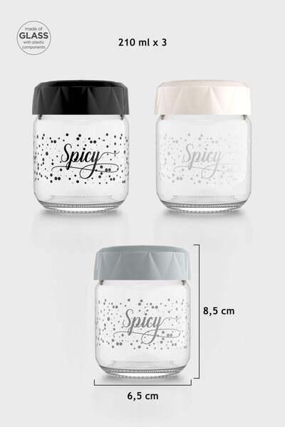 Renga Lexa Spicy Patterned 210 ml 3-Piece Glass Spice Jar Set 162011 Black-Be...