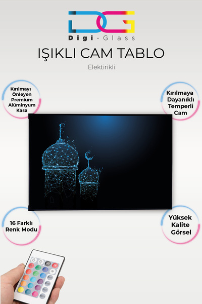 Modern Işıklı Mavi Dua Tasarım Tasarımlı Cam Tablo